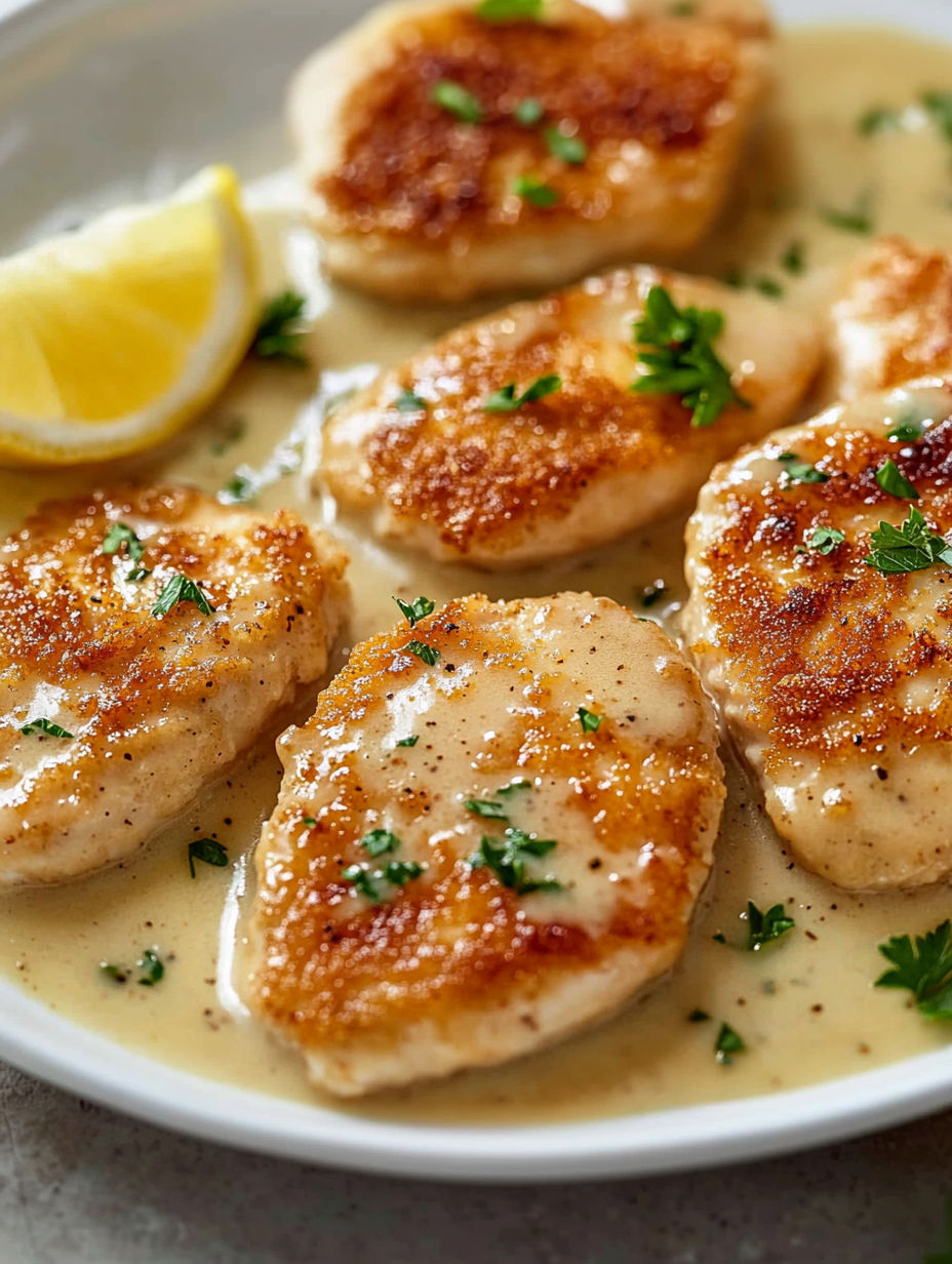 A plate of chicken scallopini with lemon wedges on top.