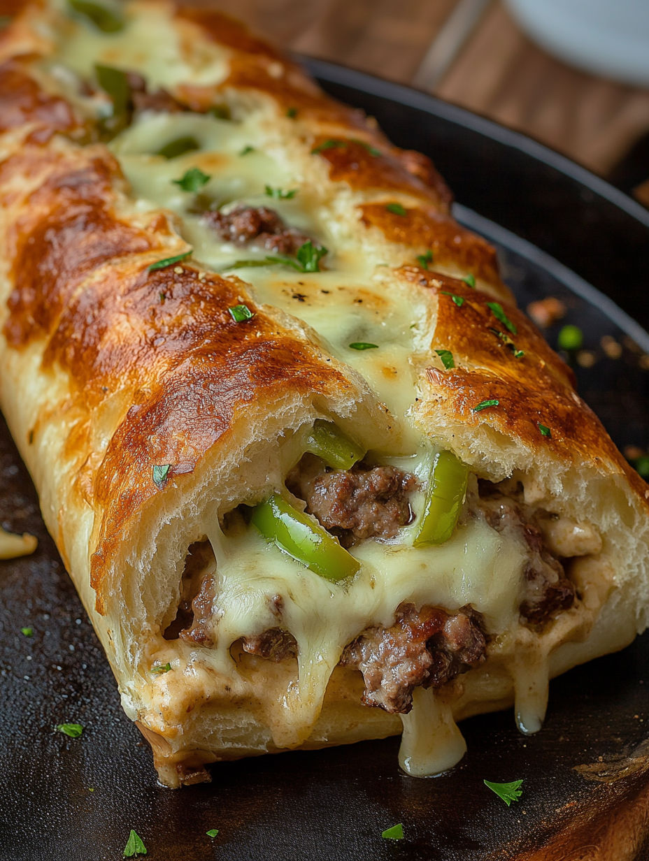 A slice of a Philly Cheesesteak Stromboli.