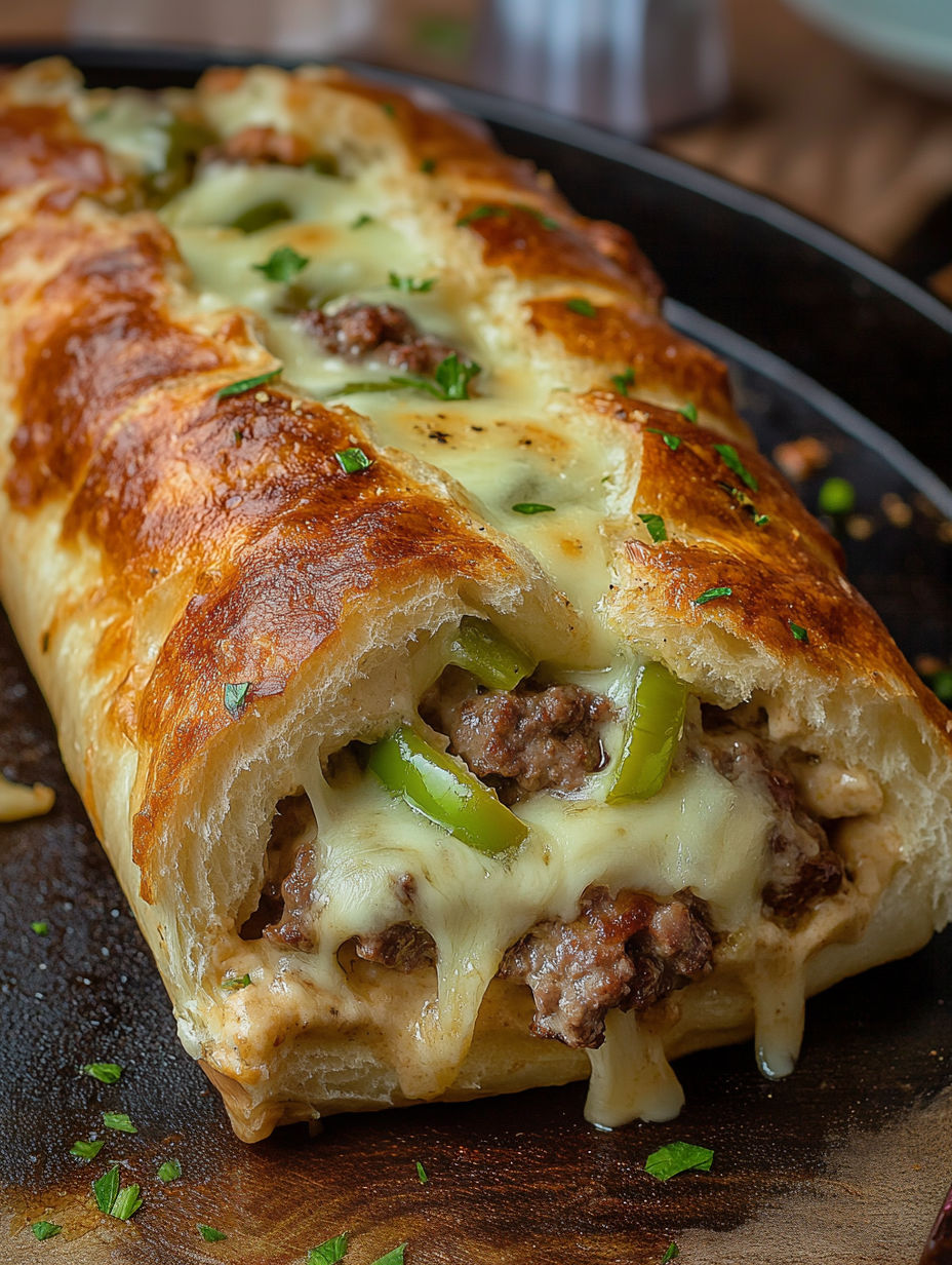 A Philly Cheesesteak Stromboli on a black plate.
