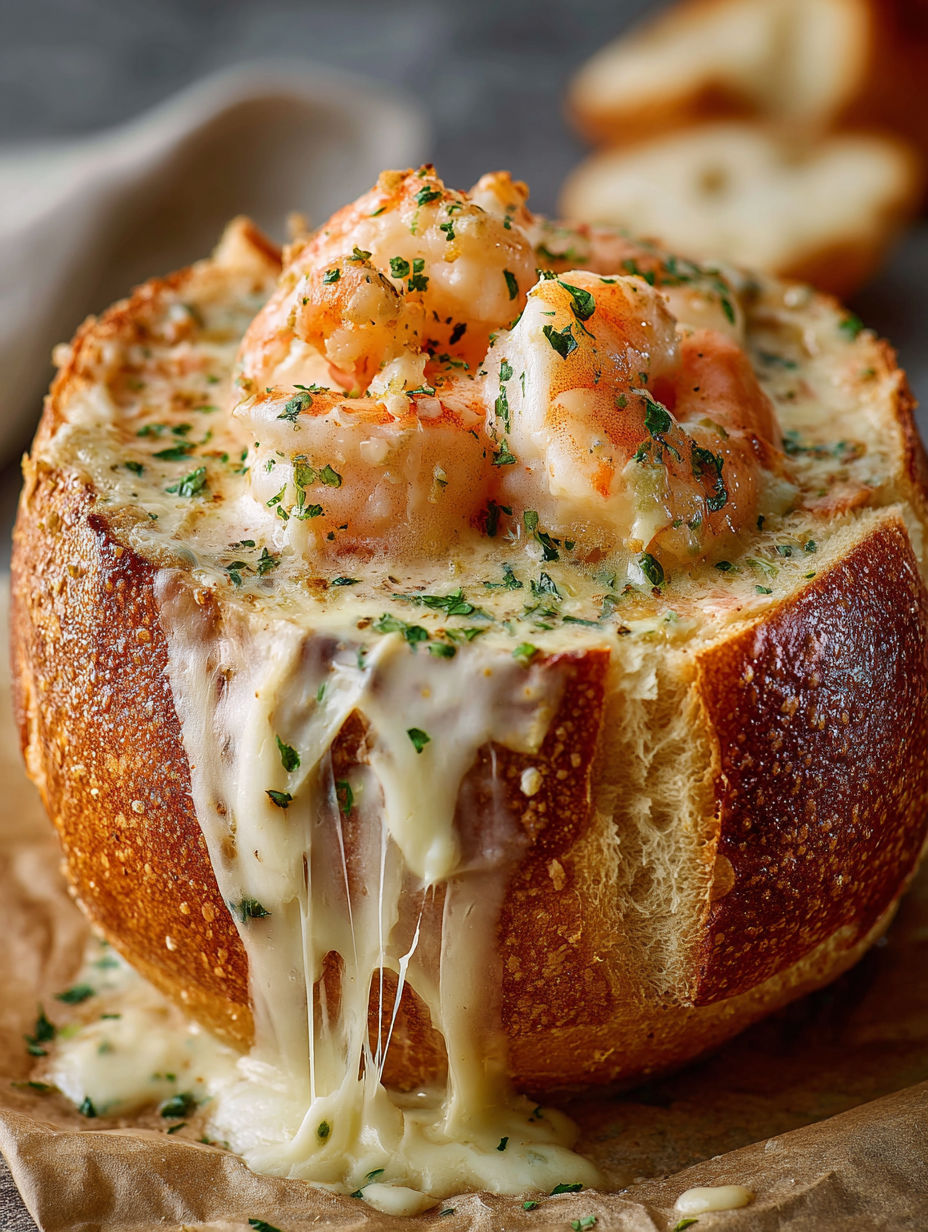A stuffed seafood bread bowl with melted cheese.
