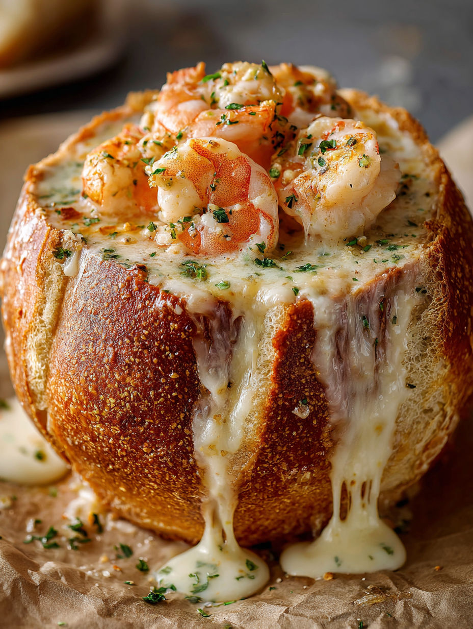 A stuffed seafood bread bowl with cheese and shrimp.