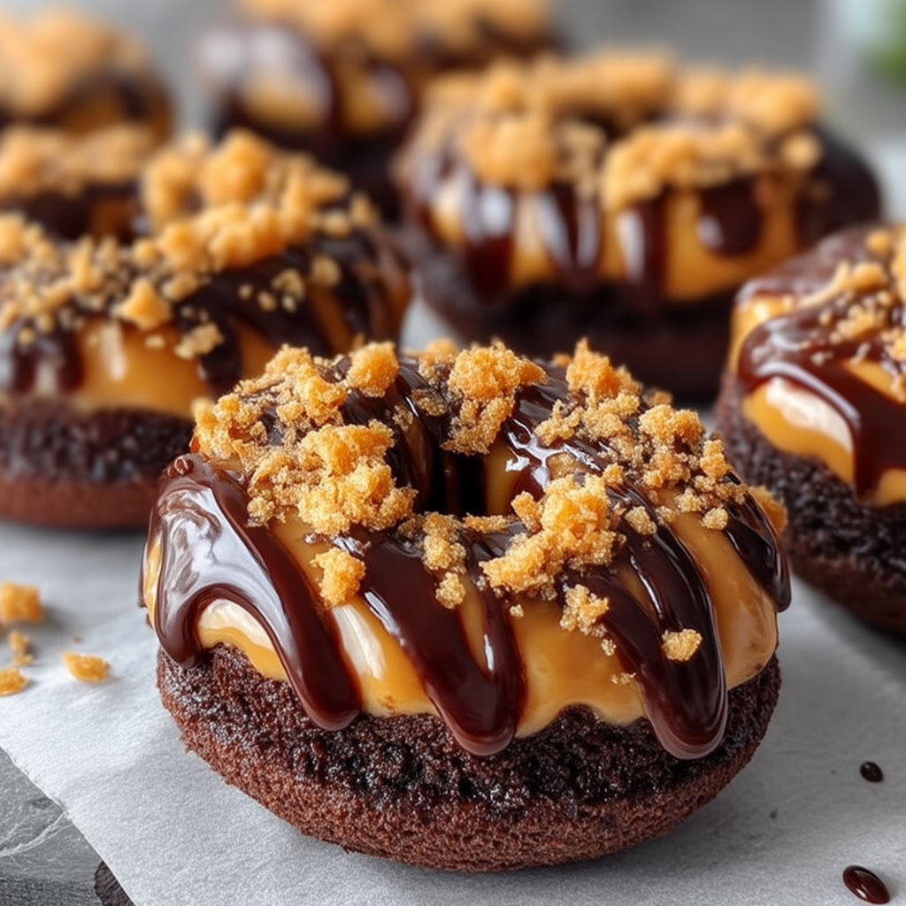 A close up of a chocolate caramel donut.