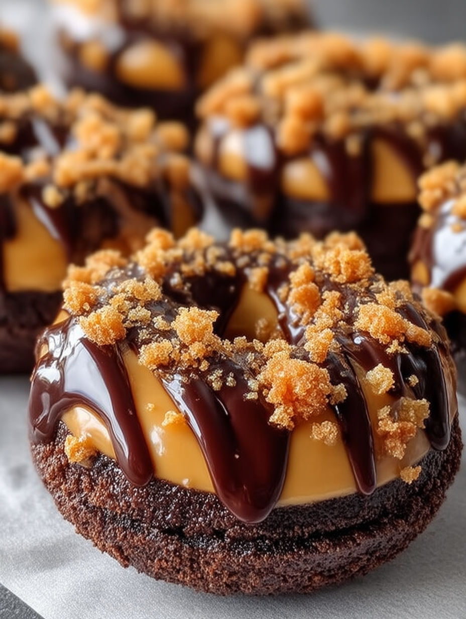 A chocolate caramel donut with a crunchy topping.