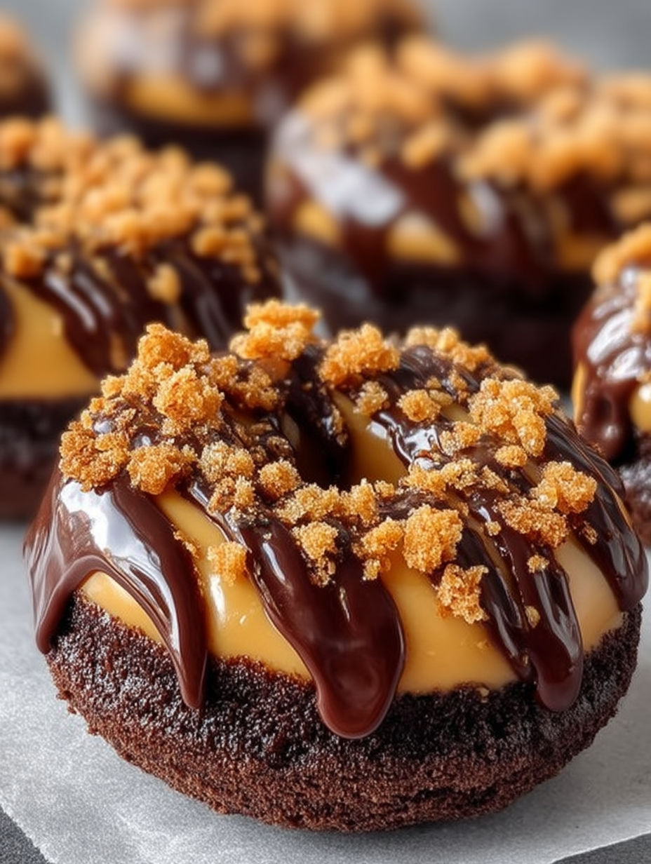 A chocolate caramel donut with a crunchy topping.