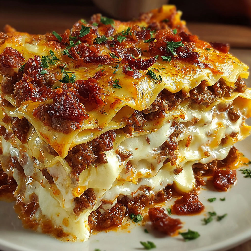 A stack of Parmesan Garlic Bacon Lasagna.
