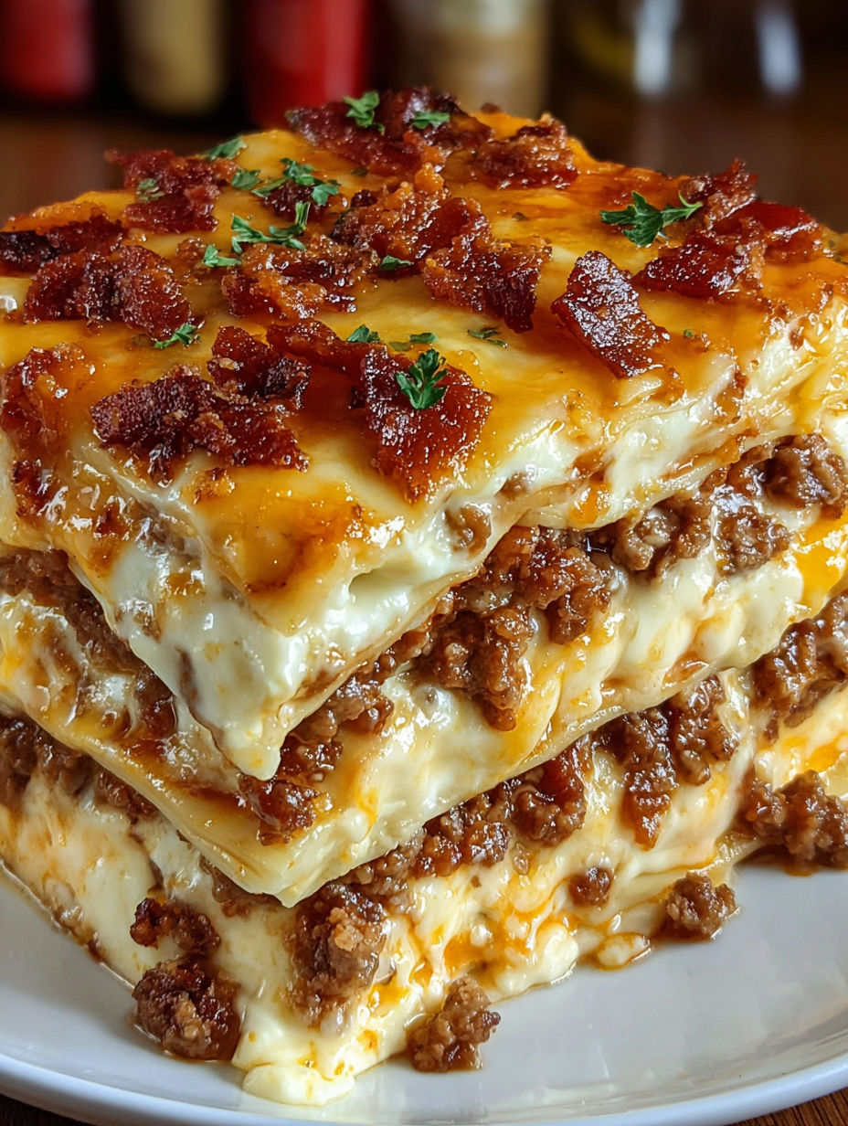 A stack of Parmesan Garlic Bacon Lasagna.