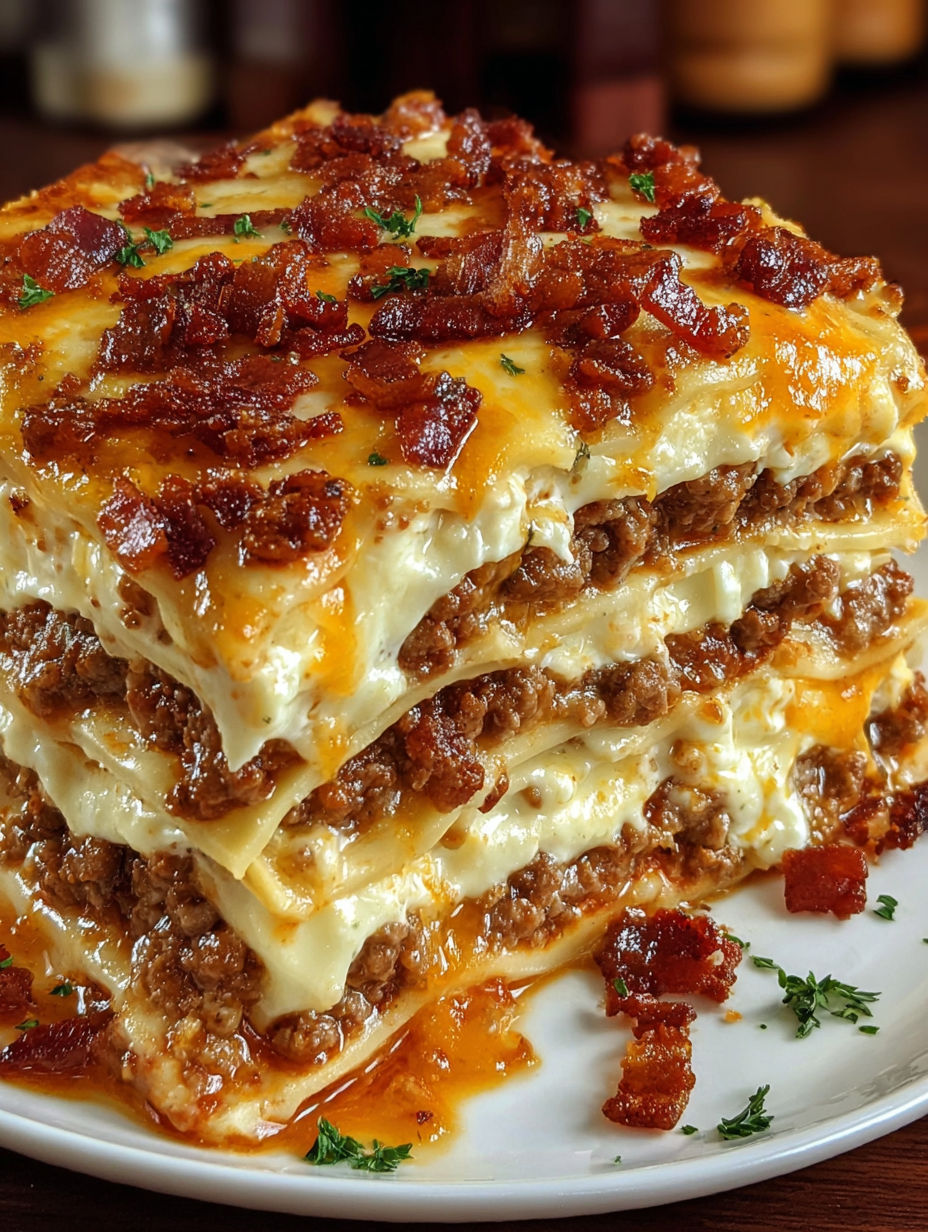 A stack of Parmesan Garlic Bacon Lasagna.