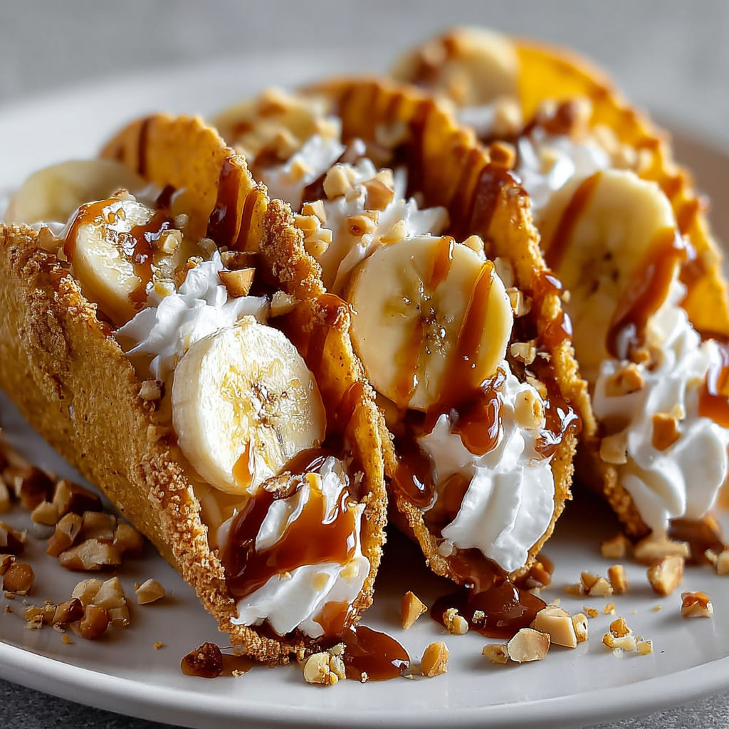 A plate of banana and caramel tacos.