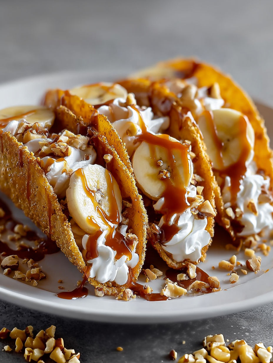 A plate of banana and caramel tacos.