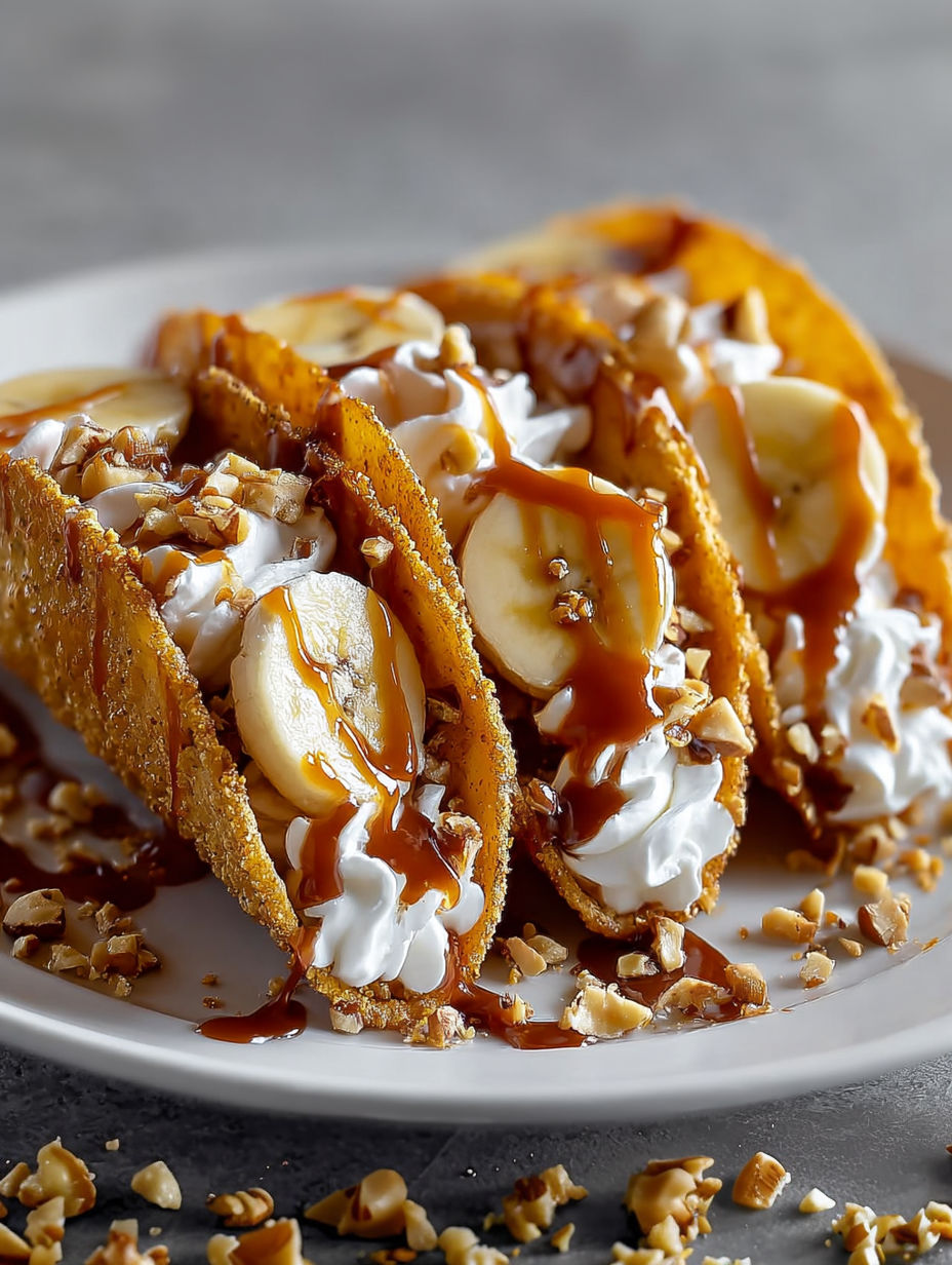 A plate of banana and caramel tacos.