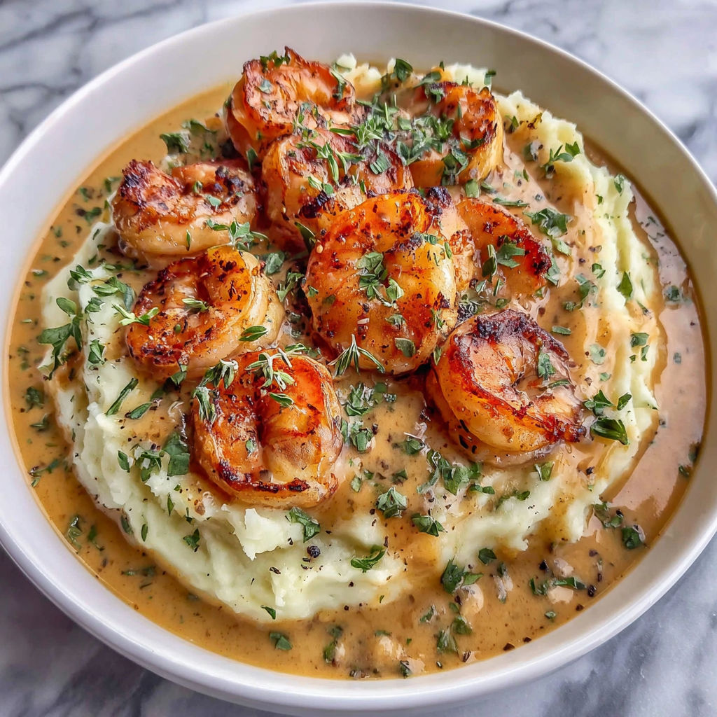 A bowl of food with shrimp and potatoes.