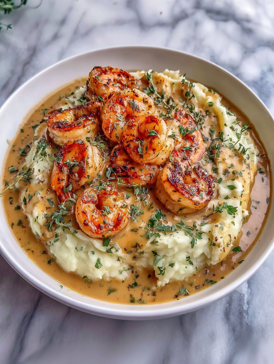 A bowl of food with shrimp, potatoes, and greens.
