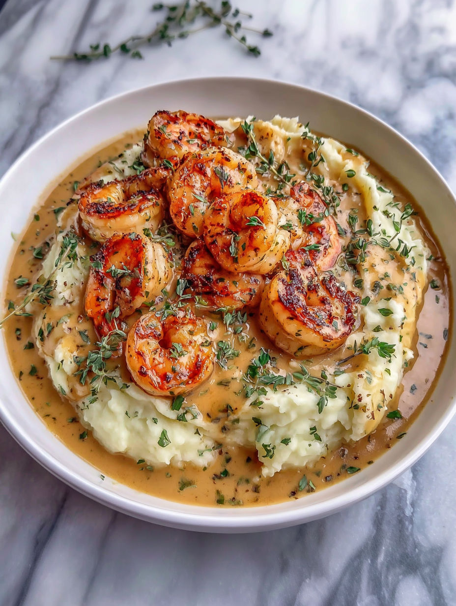 A bowl of food with shrimp and potatoes.