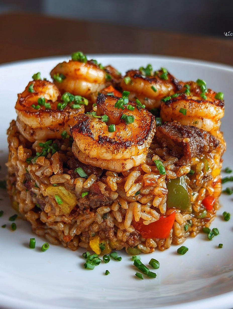 A plate of shrimp dirty rice skillet.
