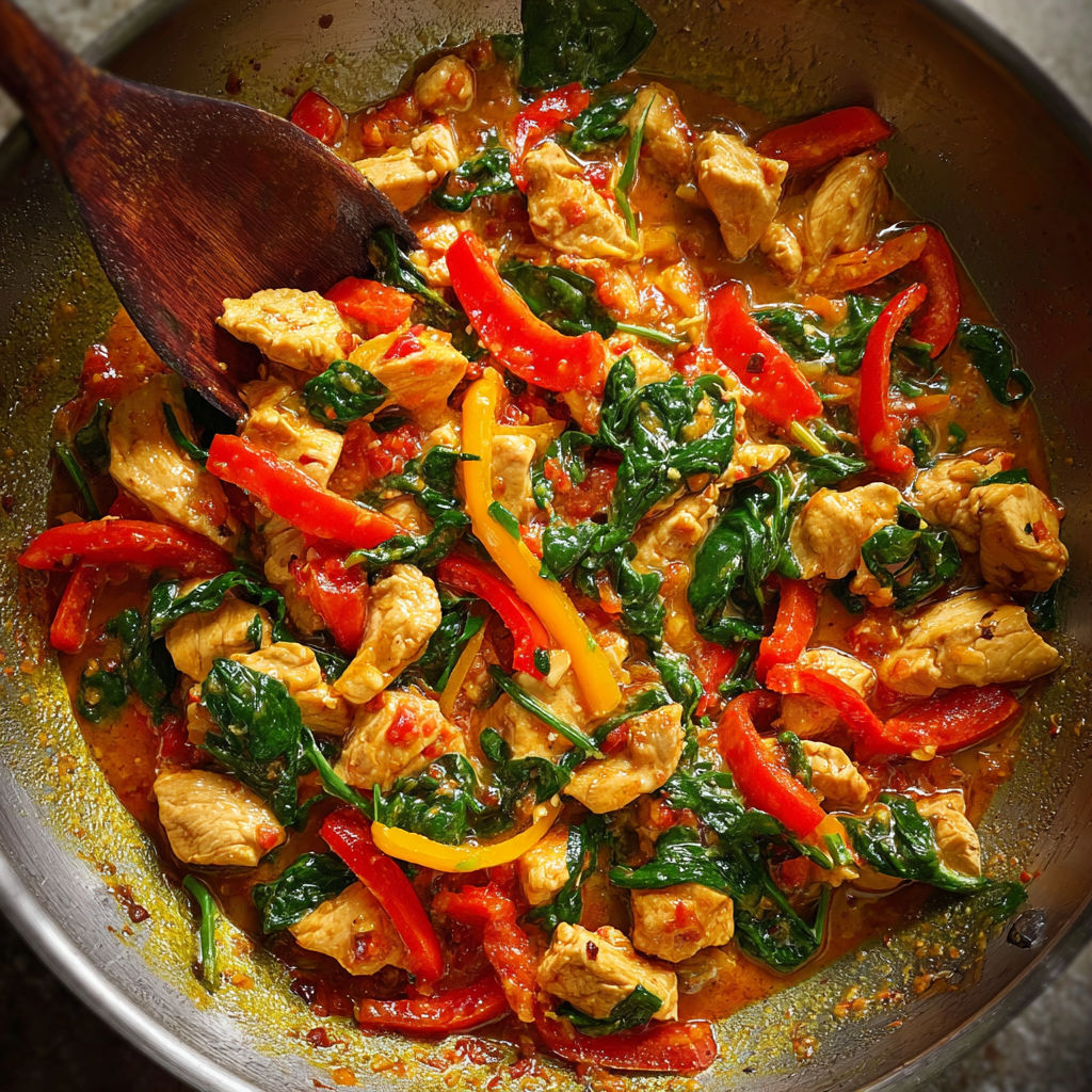 A bowl of chicken and spinach.