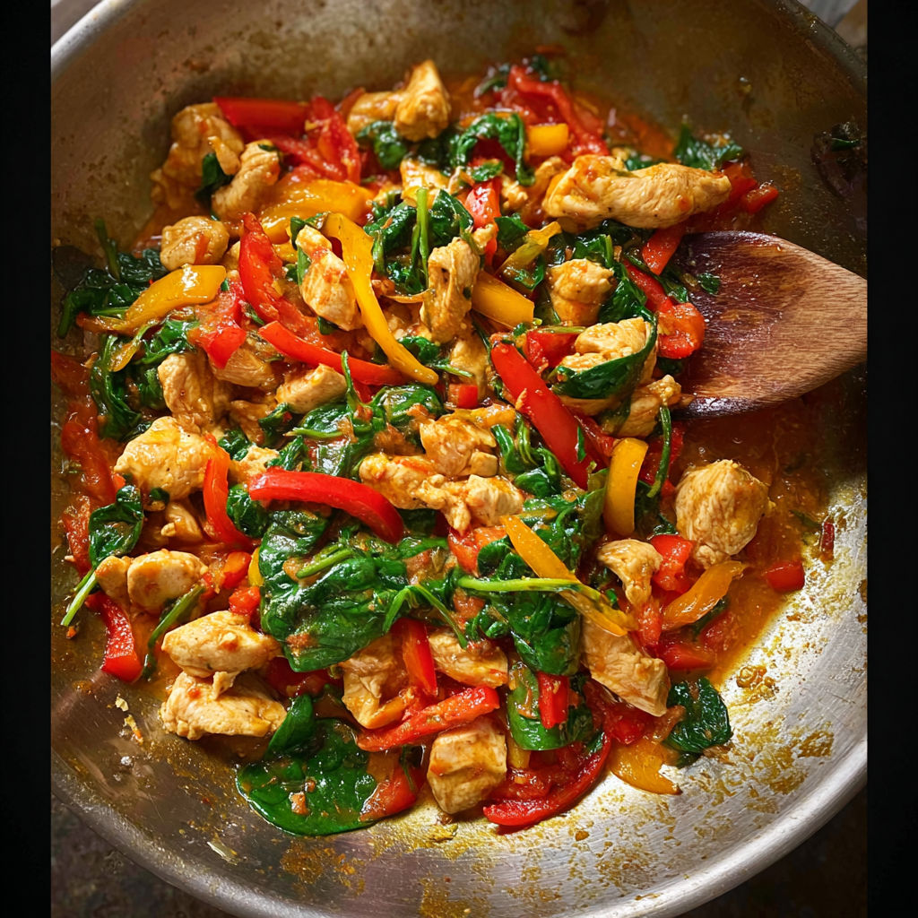 A pan of food with chicken, peppers, and greens.