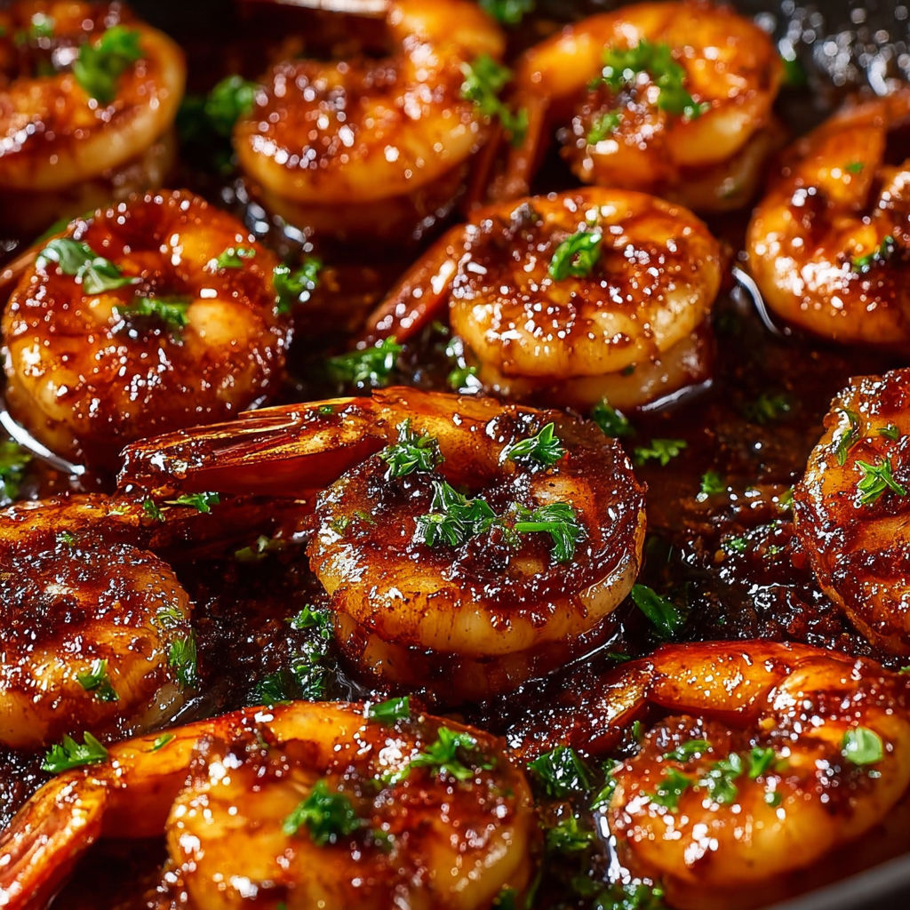 A pan of shrimp with a sauce of honey, butter, and Old Bay seasoning.