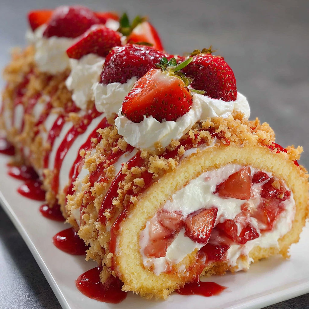 A slice of strawberry shortcake cheesecake roll.