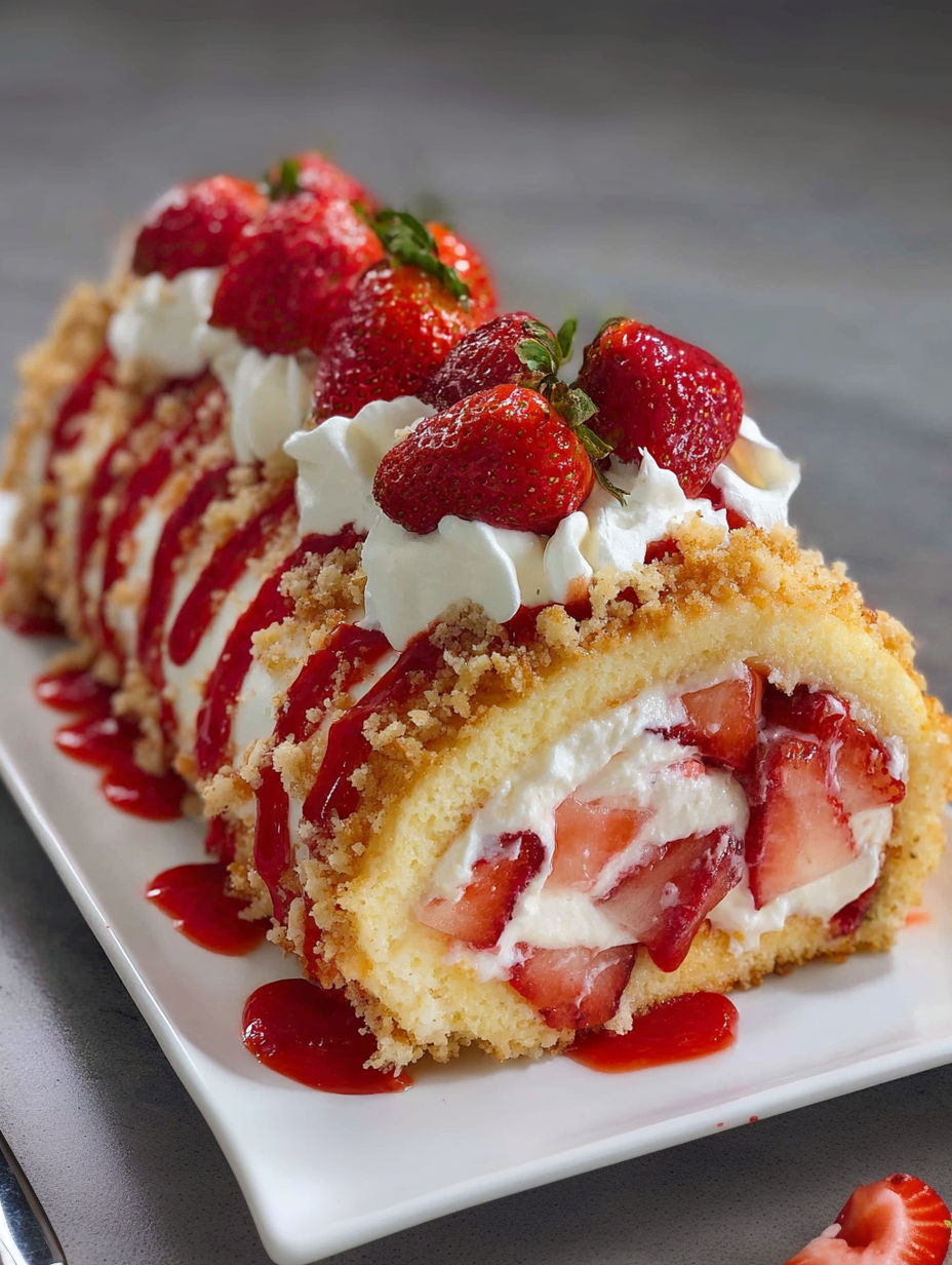 A dessert roll with strawberries and whipped cream.