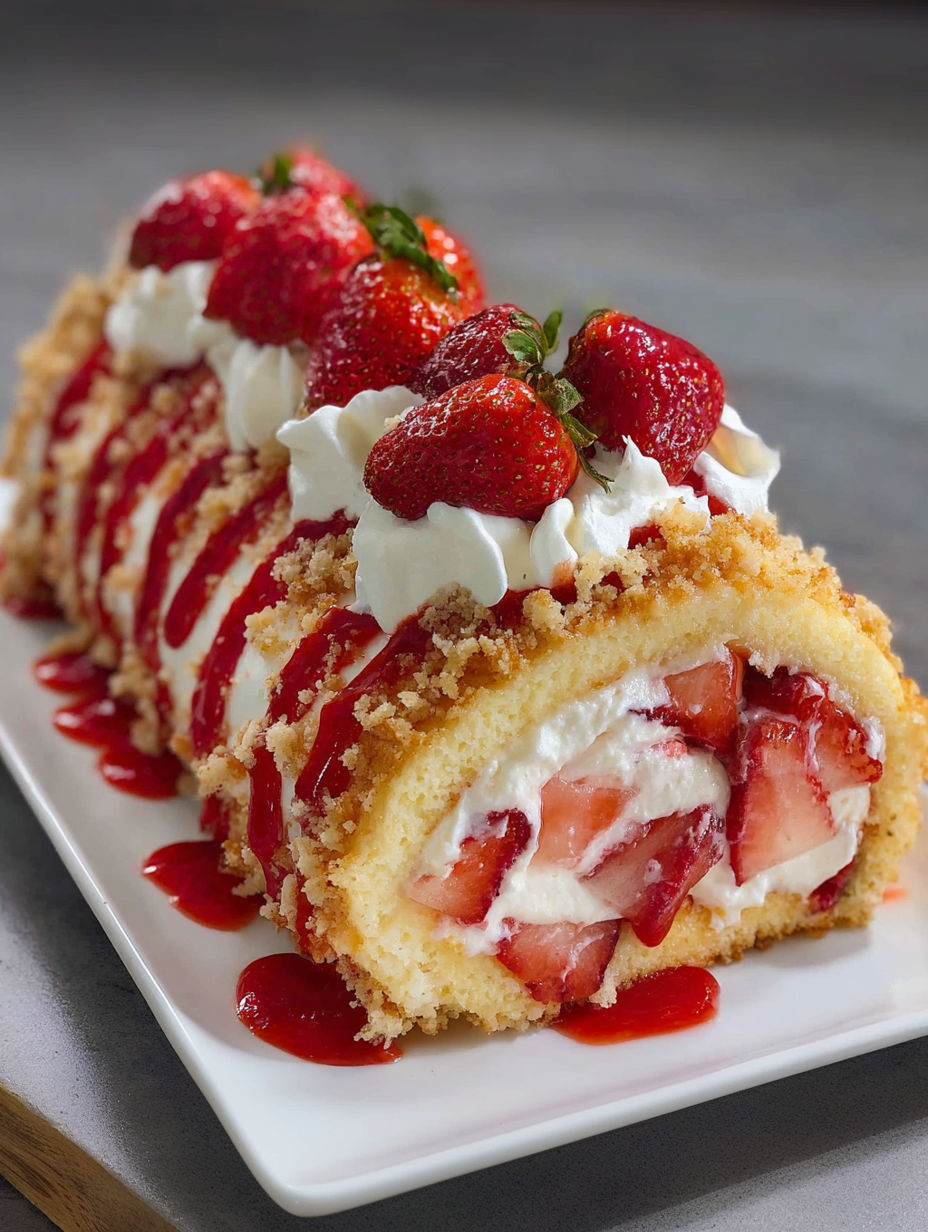 A dessert roll with strawberries and whipped cream.