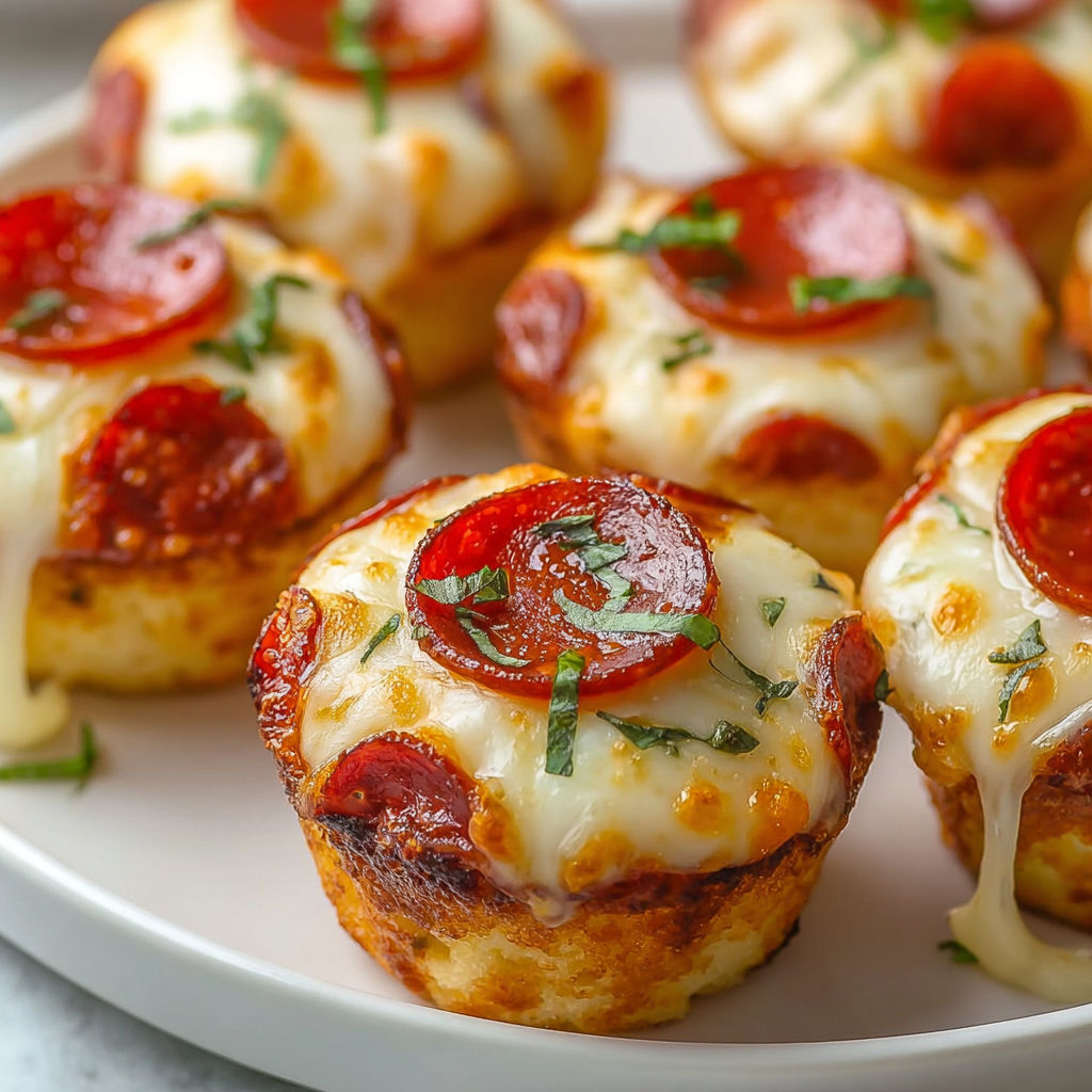 A plate of muffin cupcakes with pepperoni and cheese.