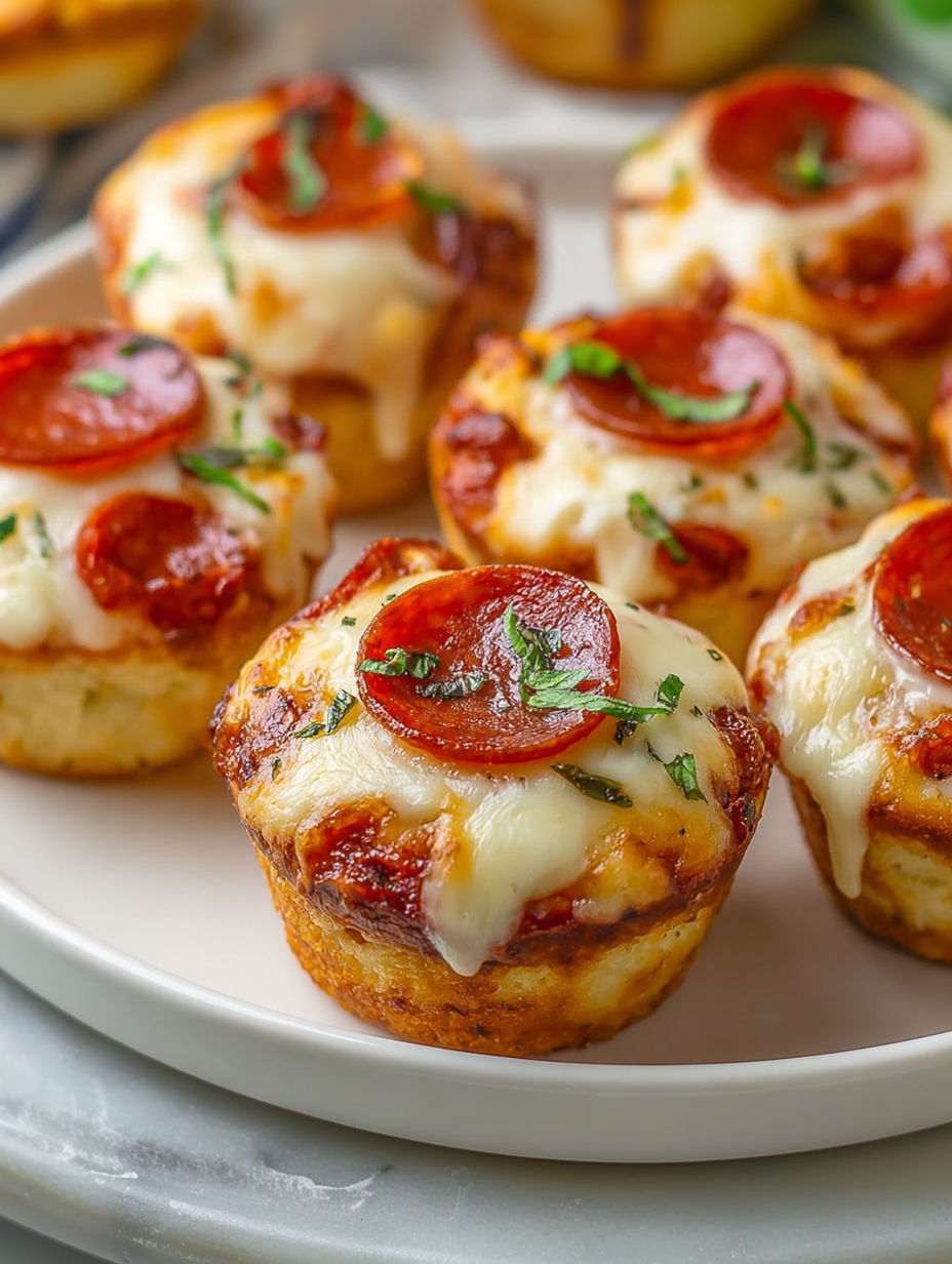 A plate of muffin cupcakes with pepperoni toppings.