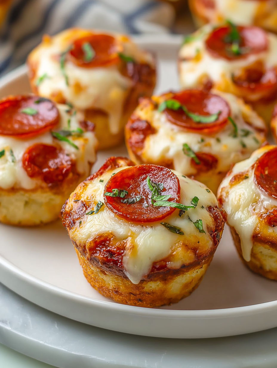 A plate of muffin tin cupcakes with pepperoni toppings.