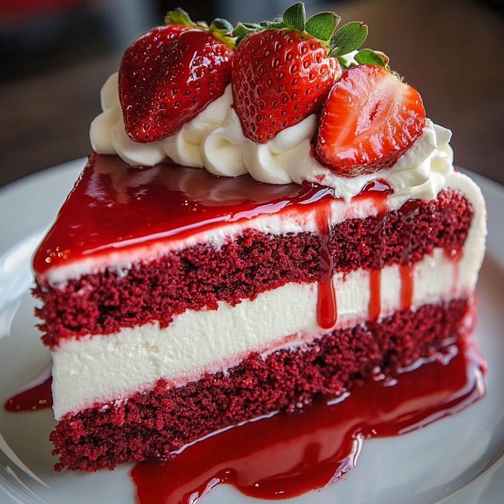 A slice of red velvet strawberry cheesecake.