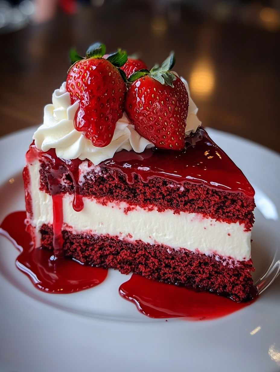 A slice of red velvet strawberry cheesecake.
