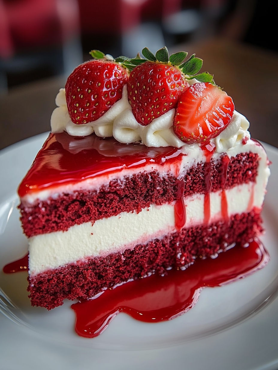 A slice of red velvet strawberry cheesecake.