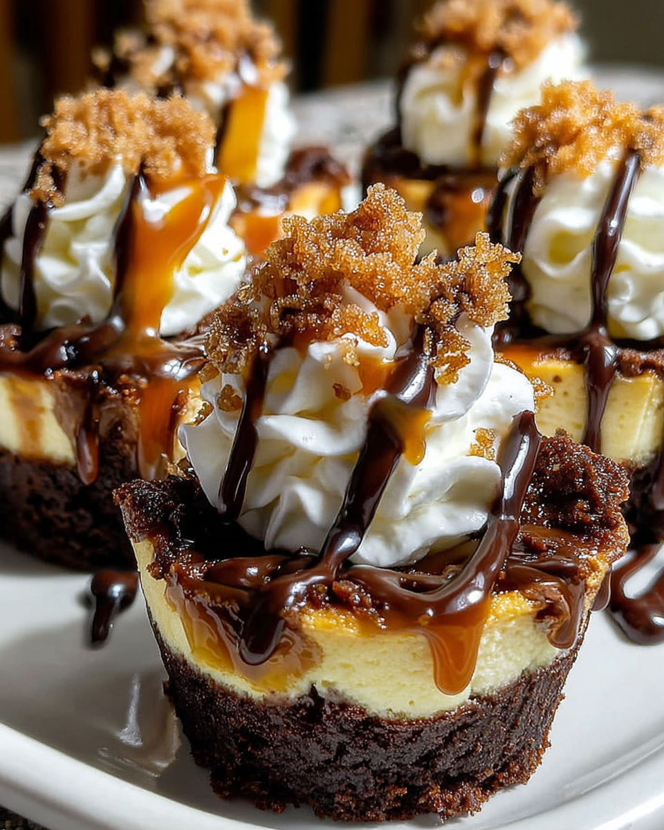 Loaded brownie cheesecake cups with whipped cream and chocolate drizzle.