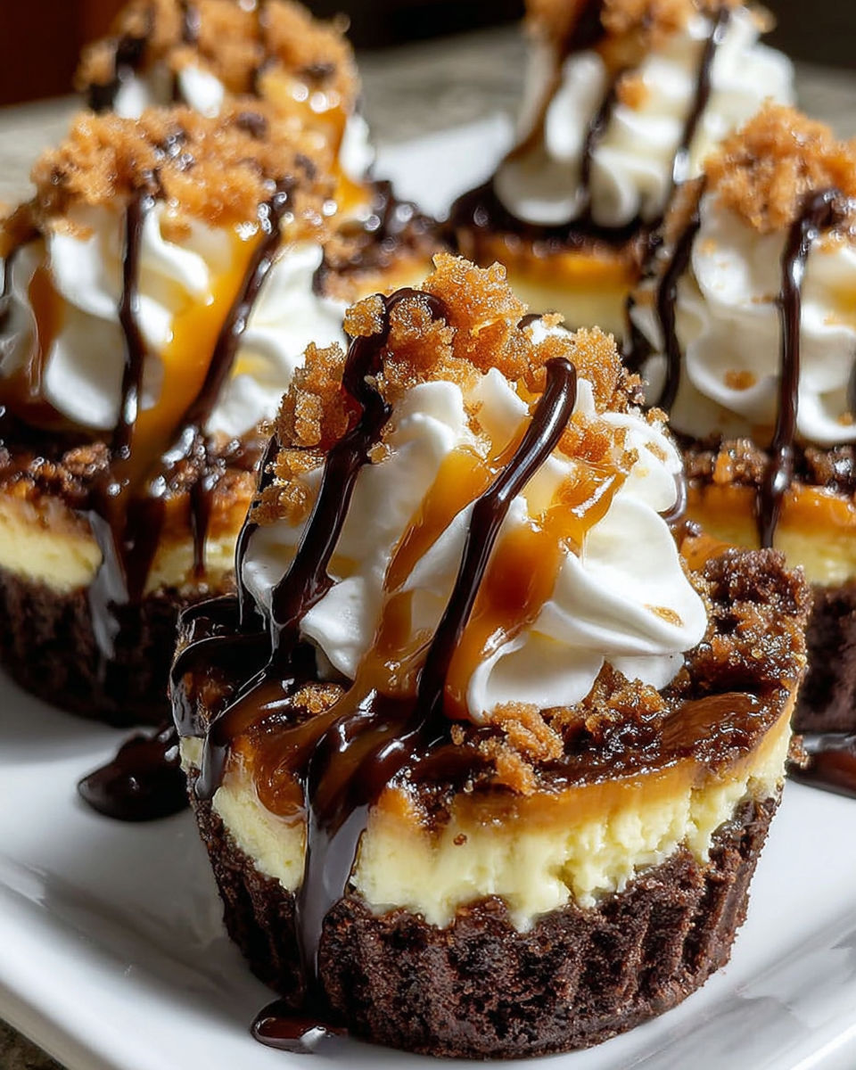 Loaded brownie cheesecake cups with chocolate drizzle.