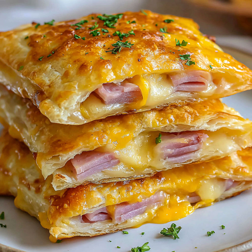 Air fryer ham cheese pockets stacked on a plate.