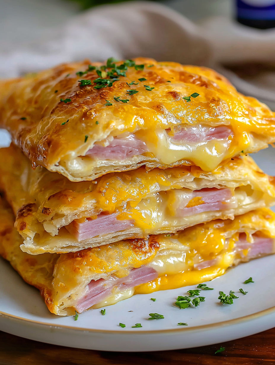 A stack of ham cheese pockets.