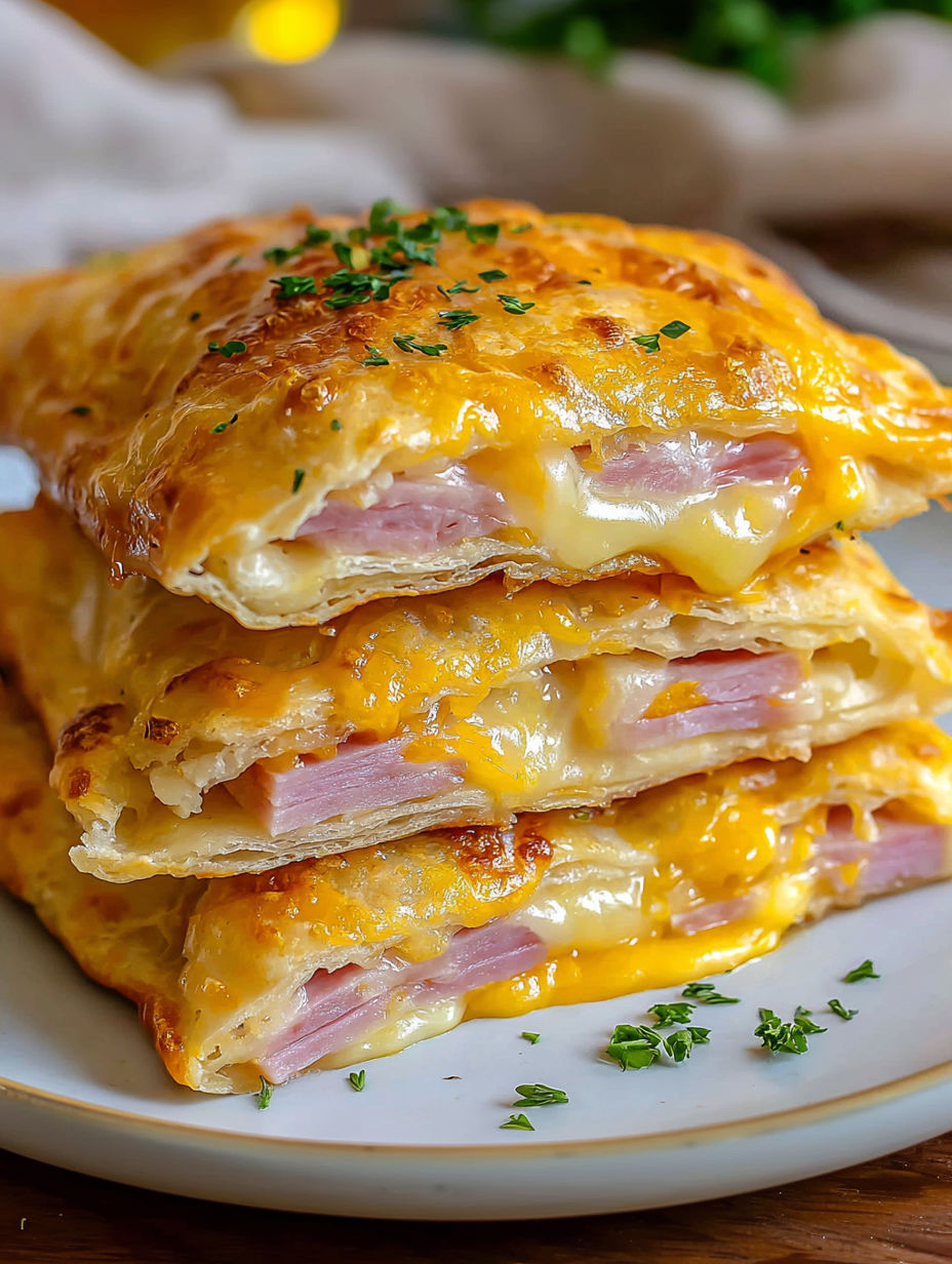 A stack of ham cheese pockets.
