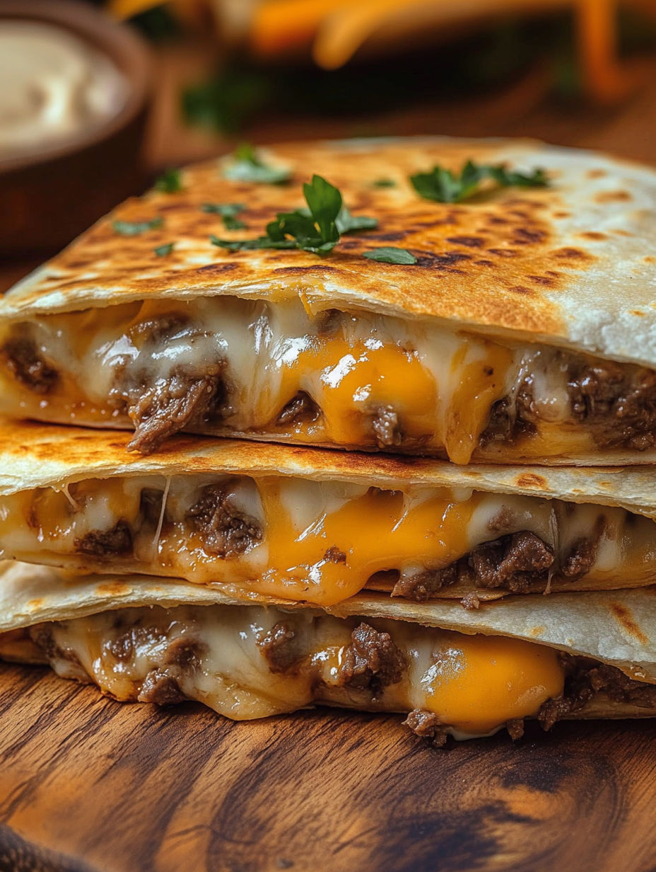 A stack of three steak quesadillas.
