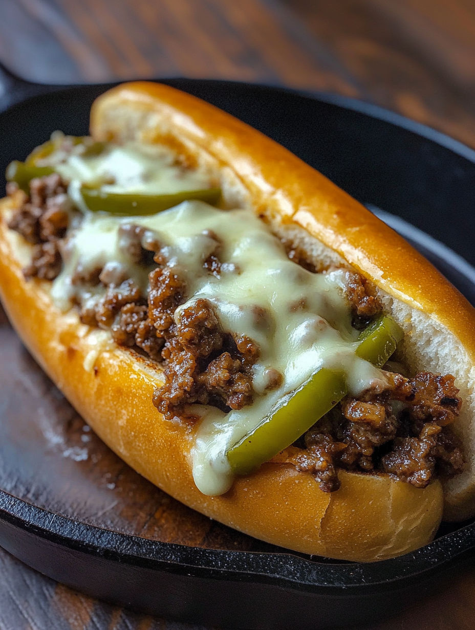 A Philly Cheese Steak Joe with a green pepper on top.