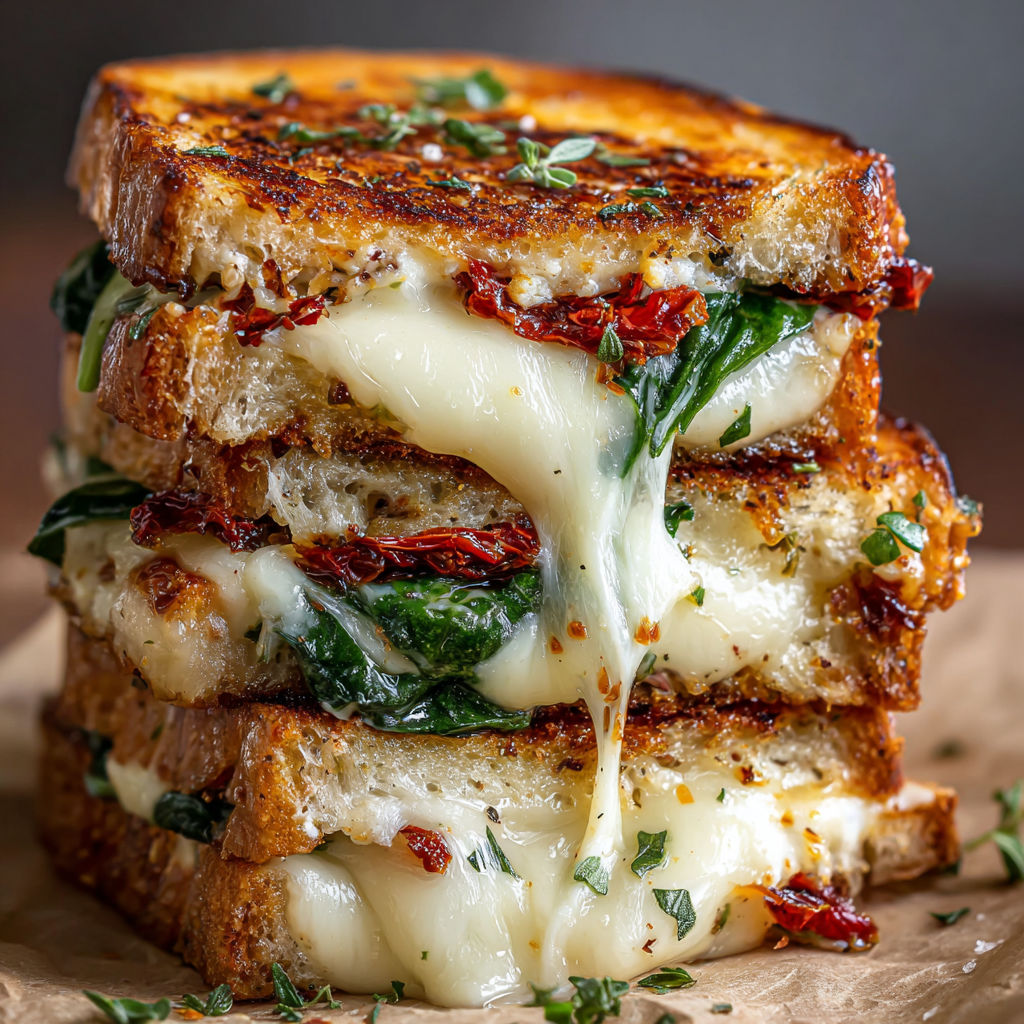 A stack of sandwiches with spinach and cheese.