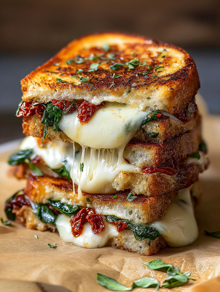 A stack of sandwiches with spinach and cheese.