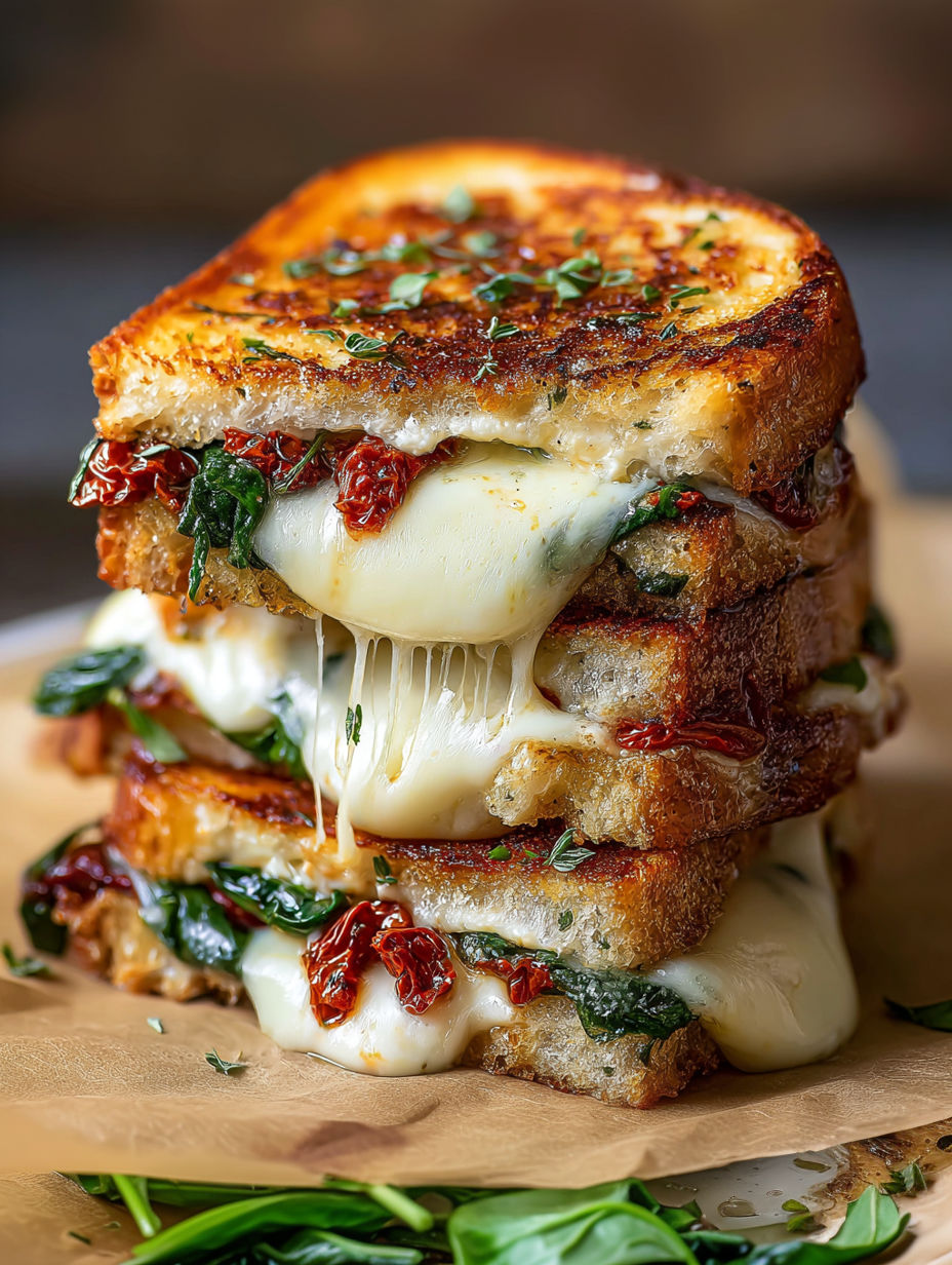 A stack of sandwiches with spinach and cheese.