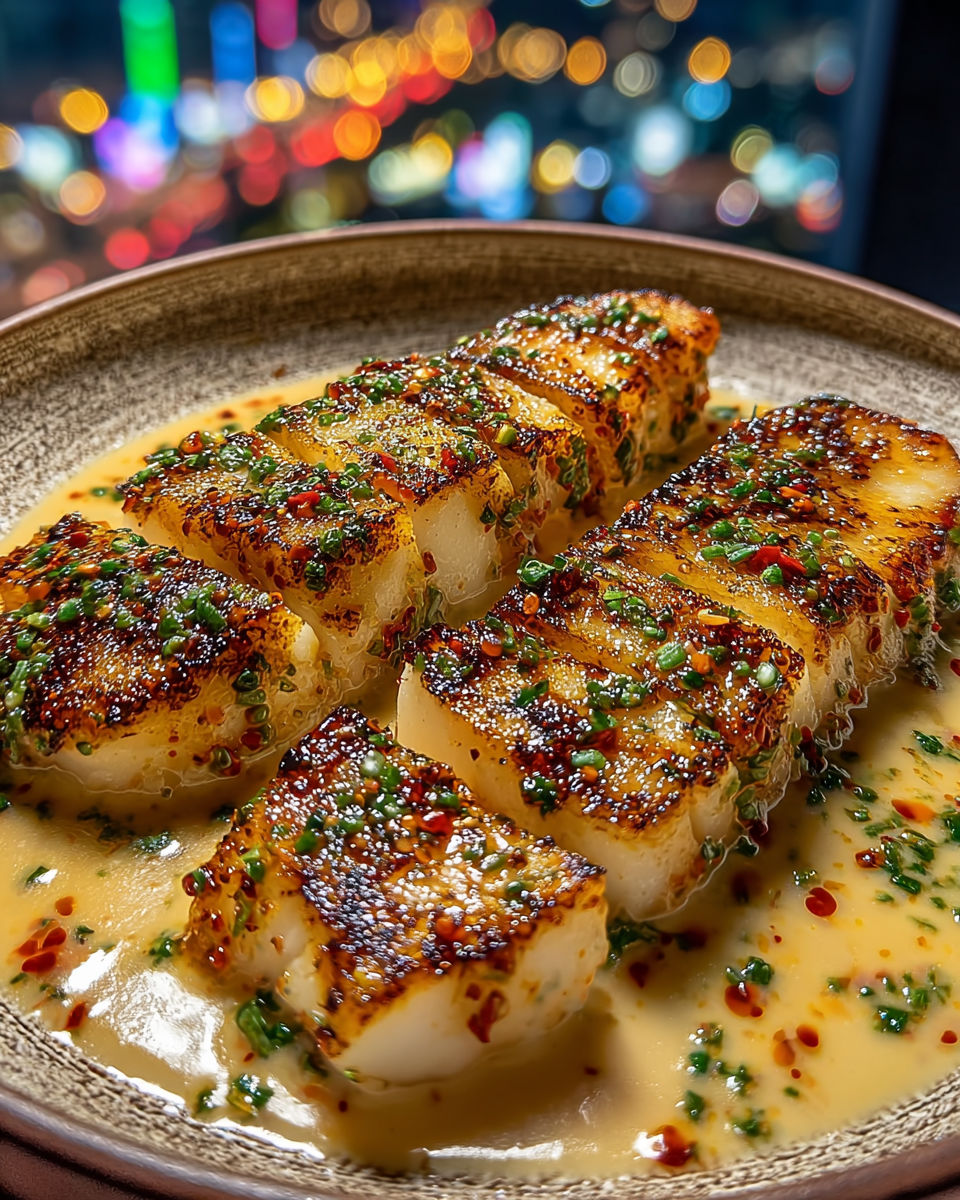 Garlic butter cod strips on a plate.
