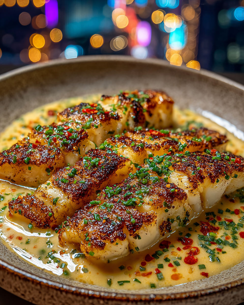 Garlic butter cod strips on a plate.