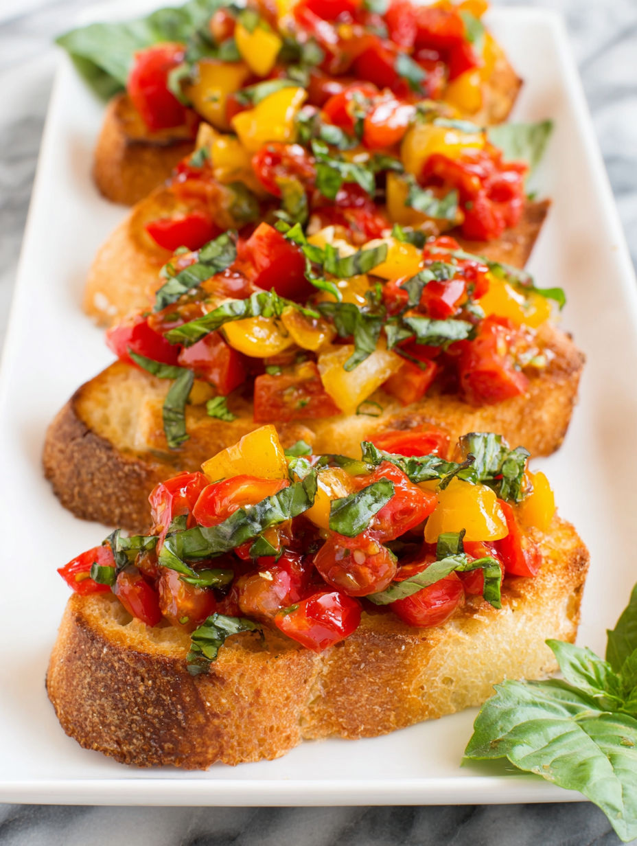 A plate of toasted bread with tomatoes and basil.