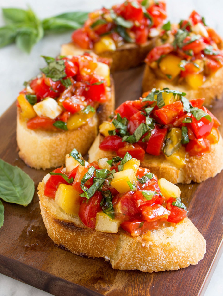 A plate of toasted bread with tomatoes and basil.