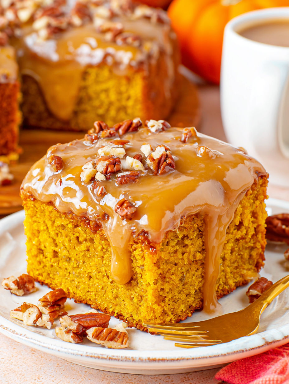 A slice of pumpkin snack cake with praline topping.