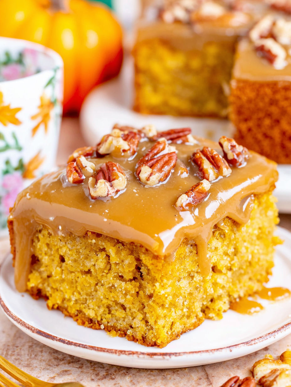 A slice of pumpkin snack cake with praline topping.