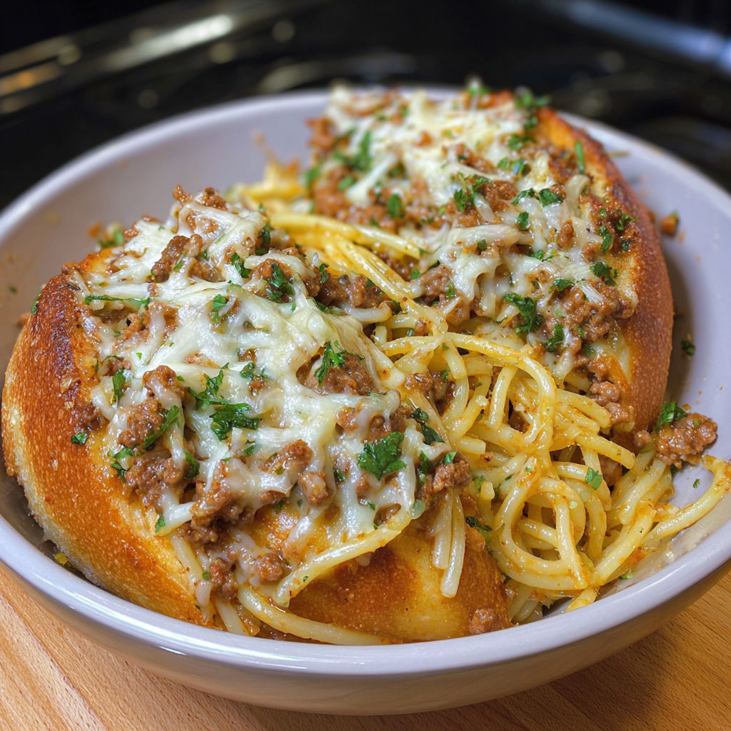 A bowl of spaghetti garlic bread.