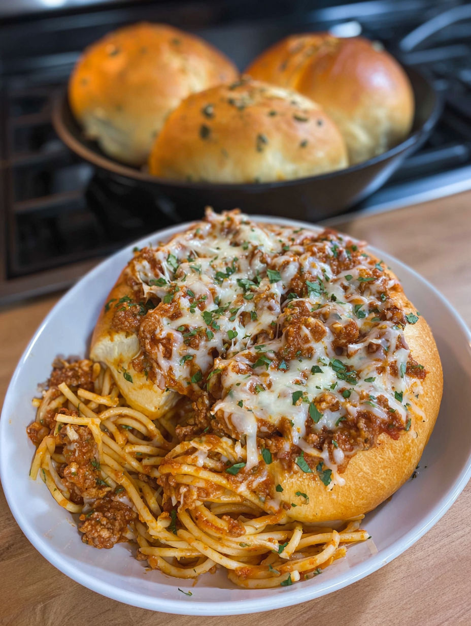 A plate of spaghetti with garlic bread.