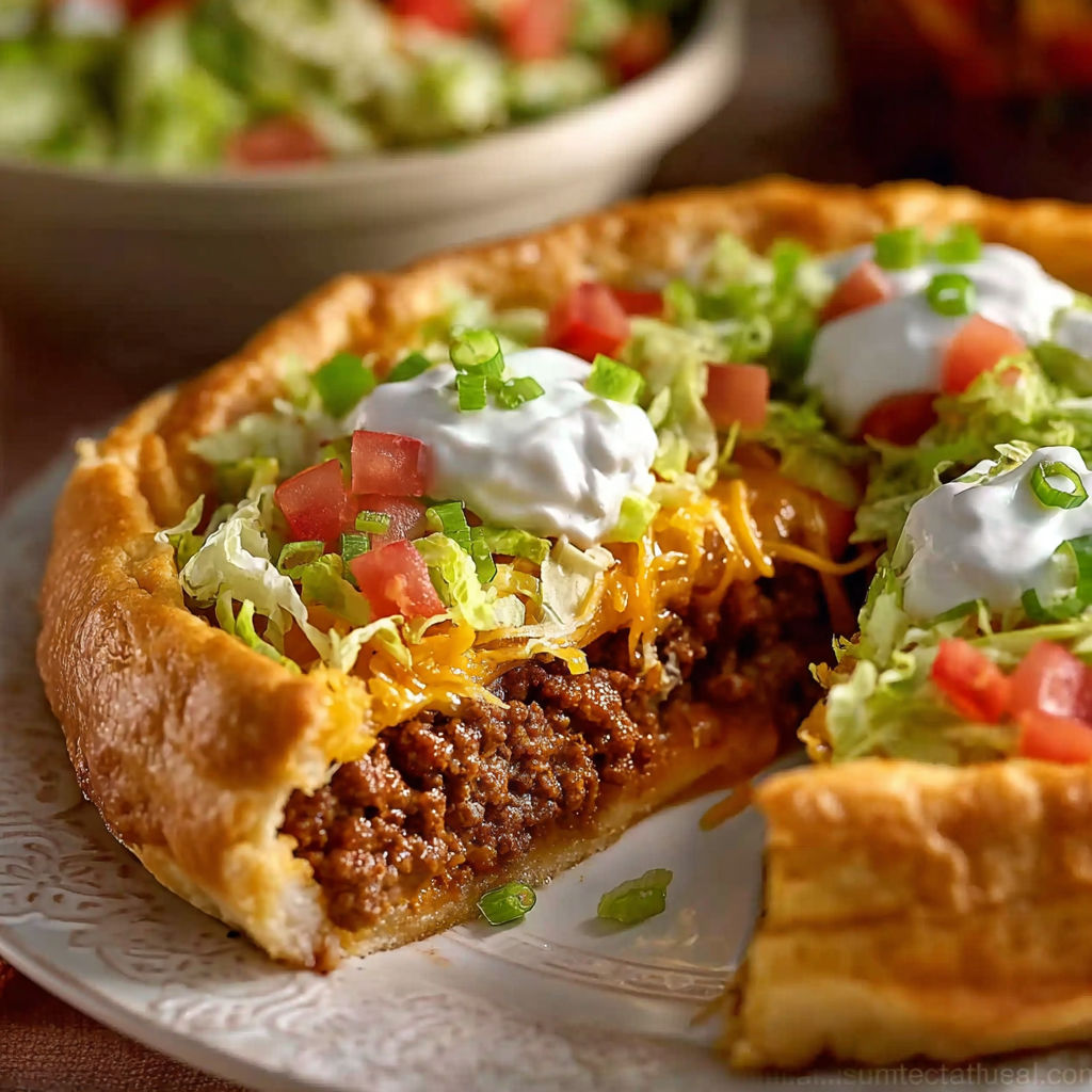 A Pillsbury Crescent Roll Taco with lettuce and tomatoes.