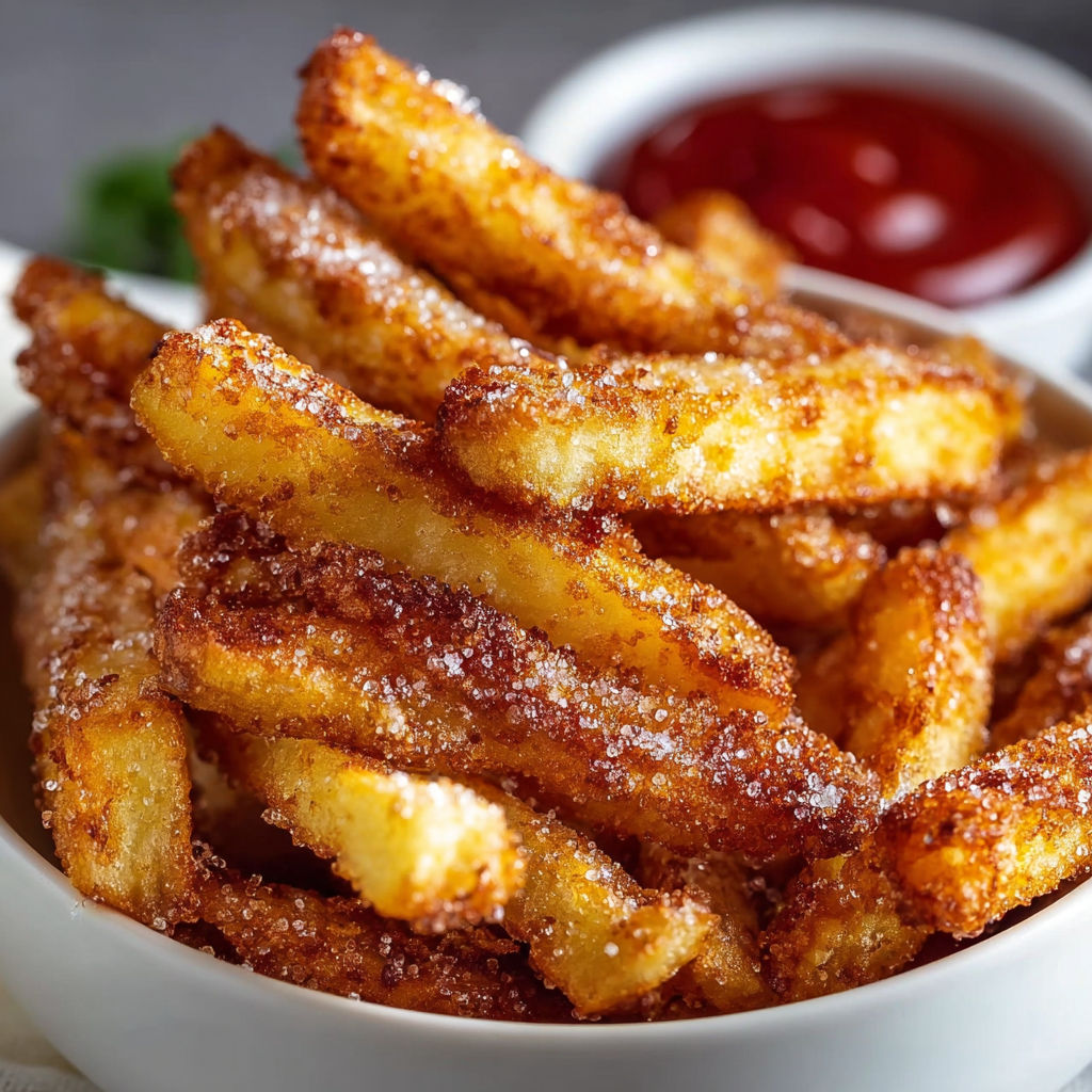 A bowl of crispy air fryer apple fries.